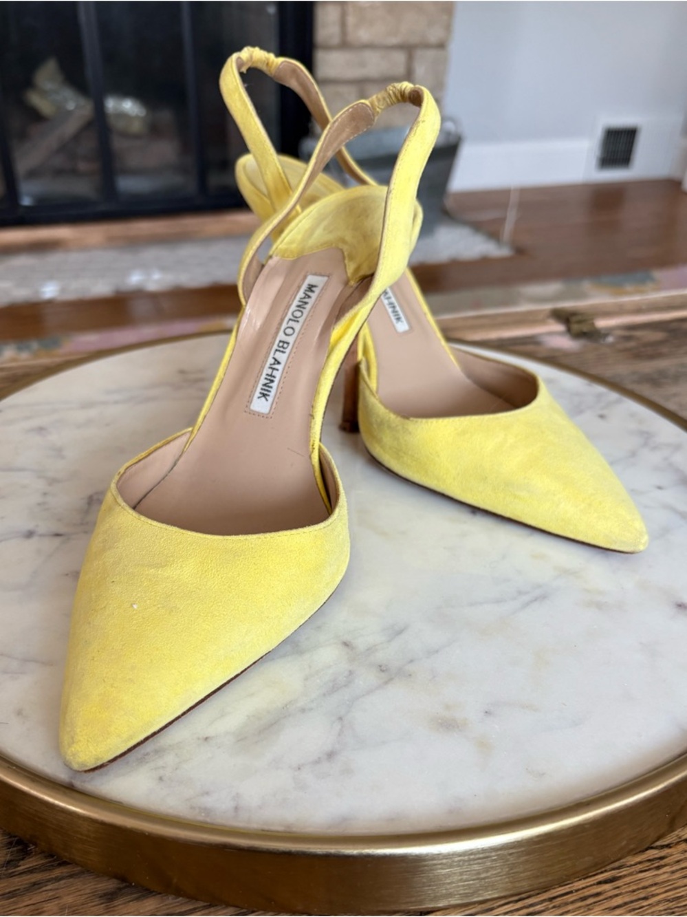 Manolo Blahnik Yellow Suede Slingback Pumps